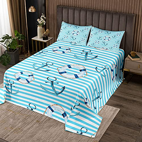 Anker Tagesdeck 220x240cm Nautik Bettüberwurf Weiß Blau Streifen Steppdecke Für Kinder Erwachsene Niedliche Bunte Rettungsringe und Anker Wohndecke Decke Weiche Raumdekoration