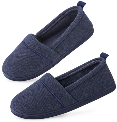 EverFoams Ladies' Memory Foam Comfort Cotton Knit House Shoes Light Weight Terry Cloth Loafer Slippers with Anti-Skid Rubber Sole, Navy Blue, 9 UK