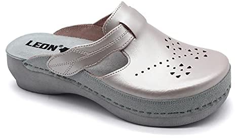 LEON PU156 Lederschuhe Clog Pantolette Komfortschuhe Hausschuhe, Damen, Perle, EU 37