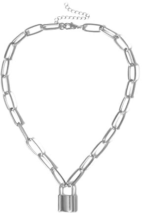 LVGPH Padlock Pendant Necklace Charm Silver Cuban Link Chain Gothic Long Chain Choker for Men Women Metal Padlock Chain
