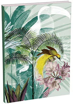 Clairefontaine 115768C - Jungle harmony, Kladde DIN A5, 14,8x21cm, robust mit festem Einband, Leinenrücken, 80 Blatt liniert, 90g, mit dehnbarer Tasche, Farbschnitt, Motive sortiert, 1 Stück