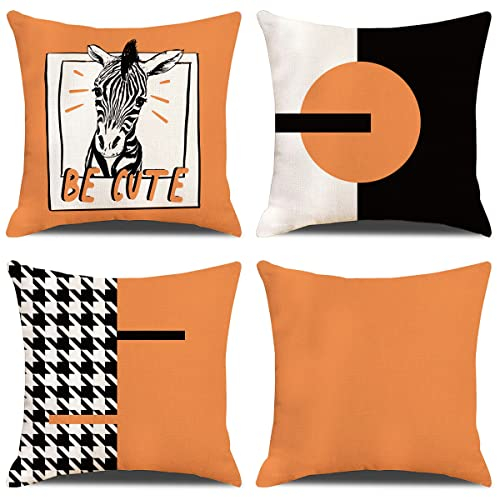 ZHAOMIMI 4er Set Dekorativ Kissenhülle Baumwolle Leinen Kissenbezug Dekokissen Sofakissen für Couch, Auto, Schlafzimmer 45x45 cm (Zebra Orange)