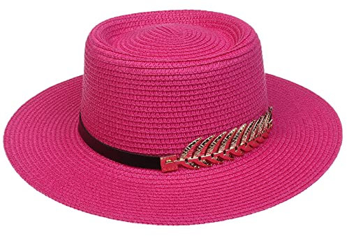 JK Home Femme Chapeau de Paille Panama Large Bord avec Boucle Capeline Eté Anniversaire Camping Plage Carmin Rouge