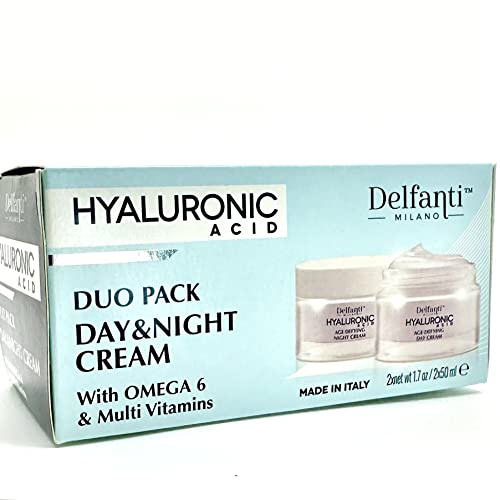 Delfanti Milano - Hyaluronic Acid Duo Pack | Age Defying Day & Night Cream [2 x 50mL] | With Omega 6 & Multi Vitamins | Made in Italy
