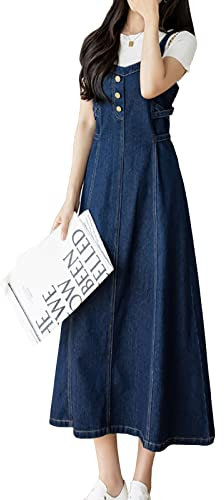 Yishengwan Donna Salopette Gonna Lunga Jeans Vestito Salopette Overall Senza Maniche Denim Vestiti Blu Scuro M