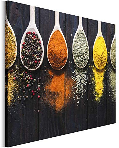 REVOLIO 45x30 cm Leinwandbild Wandbilder Wohnzimmer Modern Kunstdruck Design Wanddekoration Deko Bild auf Leinwand Bilder 1 Teilig - Gewürze Löffel bunt mehrfarbig orange