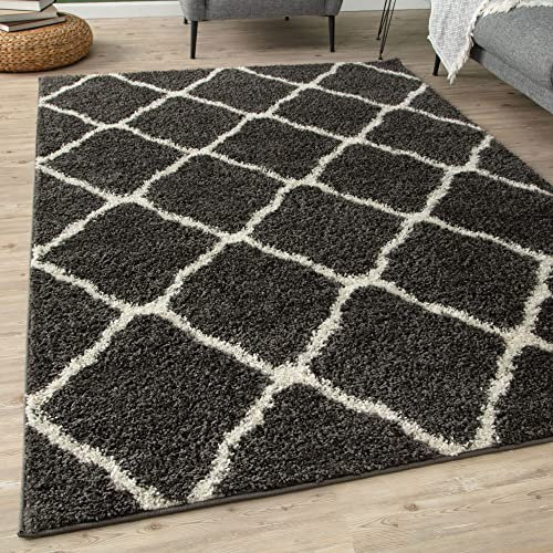 THE RUGS Shaggy Rug – Modern Moroccan Design Rugs for Living Room, Bedroom, Hallway, 3 cm Thick Area Rugs, (Moroccan Dark Grey/Ivory, 80x150cm)