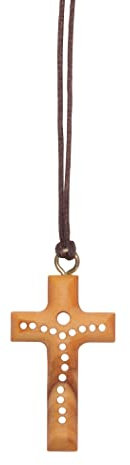NazarethFairTrade Collier Croix en bois d'olivier avec pendentif gravé. Bijoux chrétiens uniques de Terre Sainte, bijoux religieux fabriqués à Nazareth. Cadeaux pour hommes, femmes, garçons, filles.