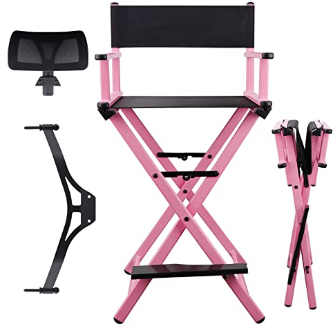 Lorvain Faltbarer Make-up-Künstler-Hocker, tragbar, hoch, zusammenklappbar, Regiestuhl, Aluminium-Make-up-Stuhl mit Kopfstütze für Studio, Salon, Schminktisch, Barhöhe, rosa Stuhl