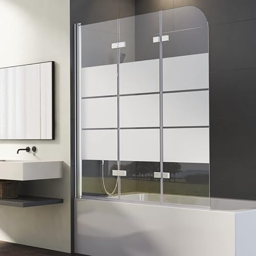 Duschwand für Badewanne 120x140cm 3-teilig Faltbar Gestreift Duschtrennwand, Duschabtrennung Badewannenwand aus 6mm EGS Nano Sicherheitsglas, Dreiteilige 120cm Badewannenaufsatz Faltwand