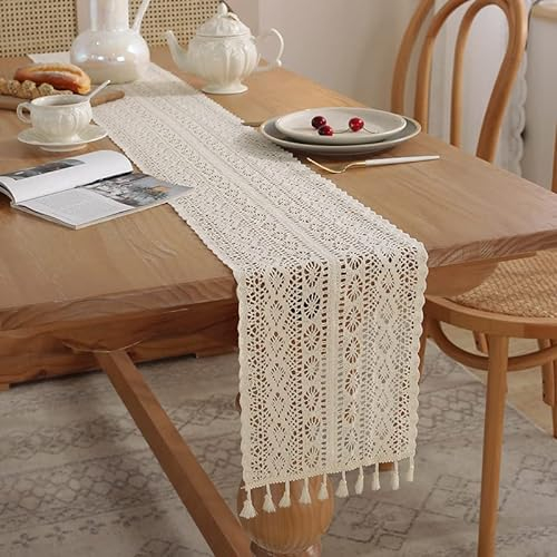 24*100cm Beige Makramee Tischläufer mit Quasten Boho Deko Rechteckige Häkelspitze Mesh Tischdecke für Rustikale Boho Hochzeit Dekor Braut & Baby Küche Vintage Bauernhaus Tabletop Dekor Picknick