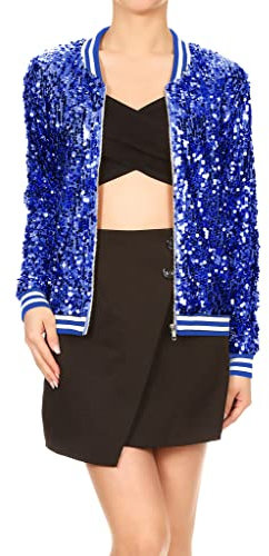 ANNA-KACI Damen Pailletten Rib Rop Langarm Reißverschluss Bomberjacke Jacke, Knallblau, XX-Large