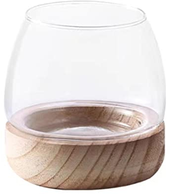 Bol à Poisson en Verre Transparent avec Base en Bois, Mini Bol à Poisson Hydroponique, Vase Rond en Verre à Bulles pour Centre de Table, Chambre à Coucher, Salon, Bureau à Domicile(XL)