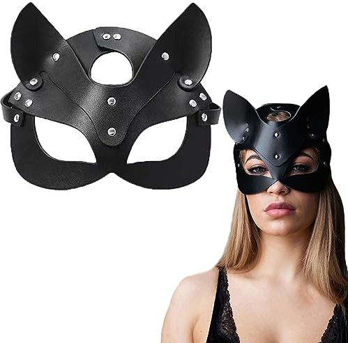KEELYY Masque Catwoman Masque de Chat en Cuir pour femme Cat Woman Masque Sexy Renard Demi-Visage Masque pour Cosplay Halloween Carnaval Mascarade Maquillage Fête