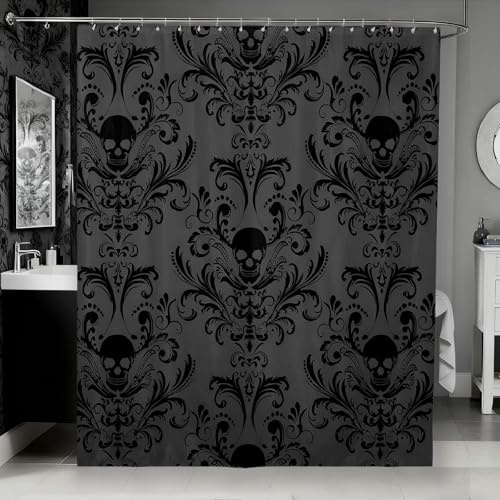 Erosebridal Rideau de douche en tissu damassé noir antique, victorien, baroque, gothique, ensemble de rideaux de douche vintage, floral, exotique, tête de mort, accessoires de salle de bain, 183 cm de