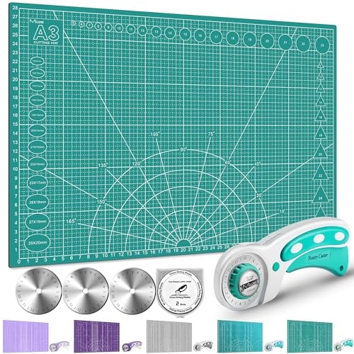 Miuzei A2 A3 Schneidematte mit Rollschneider und Ersatzklingen, Selbstheilende Handwerksunterlage Nähzubehör, Stoffschneider-Set, Schreibtischunterlage zum Basteln,Doppelseitiges Gitter