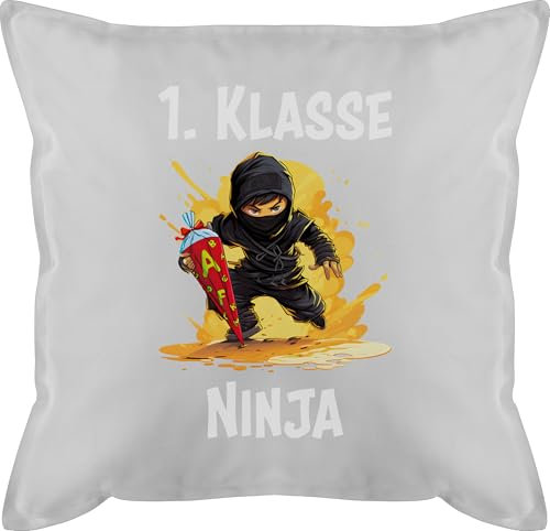 Kissen 50x50 - Deko Geschenke - Ninja Einschulung Schulkind Schulanfang 1. Klasse Erste - 50 x 50 cm - Grau - zur für jungen schulkissen einschulung. geschenk junge mädchen schulanfänger buben