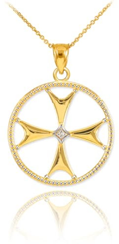 Collana con Ciondolo Croce di Malta e Diamanti, Oro 9 ct (Lunghezza della Catena Disponibile 40 cm – 45 cm – 50 cm – 55 cm) 45 cm