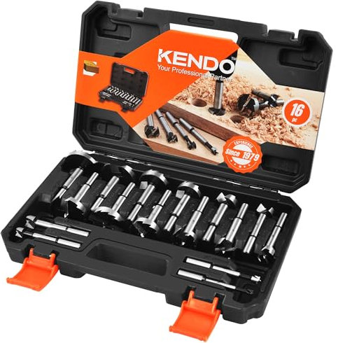 KENDO 16-teiliges Forstner-Bit-Set, aus legiertem Stahl, Forstner-Bits für Holzbearbeitung, Schneckenöffner, Rundschaftbohrer, Schneidwerkzeug für Hartholz, Weichholz, Kunststoff, Sperrholz mit