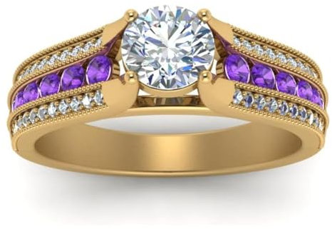 Amethyst-Stein, rund, 3 Mircon-Gold-Polnisch-Ring – Ring mit 2 Mircon-vergoldeten violetten Amethyst-Cz-Edelsteinen – Zuhause und Wohnen, Drei-Stein-Fassung, Geschenk für den Vatertag, Spannungsring