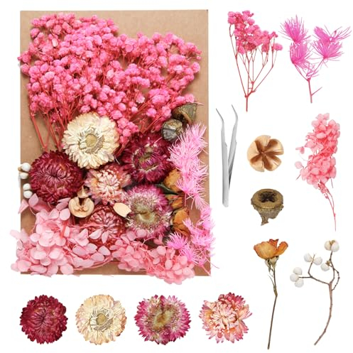 Aotfusd Trockenblumen, Getrocknete Blumen, Trockenblumen Zum Basteln Trockenblumen Rosa Set trockenblumen für Kerzen DIY Epoxidharz Scrapbook Zubehör Handgemachte Hochzeit Heimdekoration(Rosa)