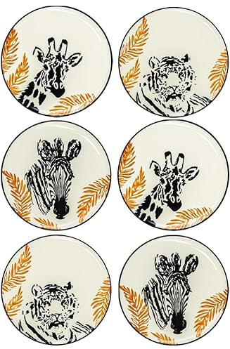 PHRYGIA Porcelain Plate Set, Set of 6, 8.3 Inch, Lightweight Ceramic Plate,Porcelain Lunch Plates,Salad Plates, Small Dinner Plate Set, Colorful Pattern Plate (21cm, Safari)