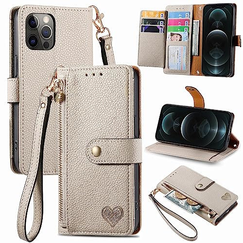 VEEMOS Zipper Wallet Case for Apple iPhone 12 Pro Max Phone Case with Purse Card Holders RFID Blocking Leather Flip Case Book Cover Wrist Strap Women - Gray
