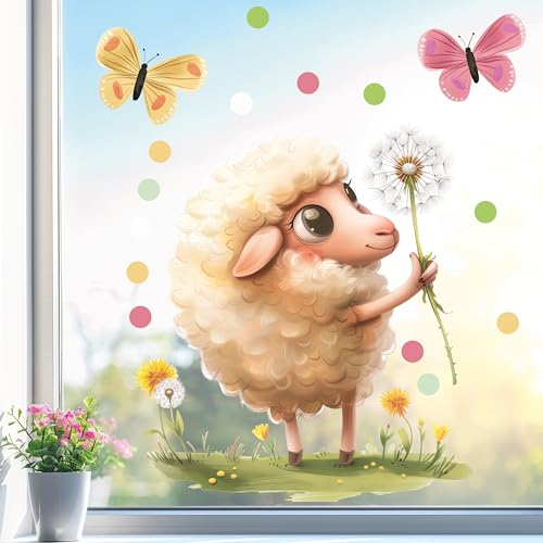Sunnywall Fensterbild Fensterdeko Schaf Pusteblume Fensteraufkleber statisch selbstklebend beidseitiger Druck Aufkleber Fenstersticker WIEDERVERWENDBAR A4