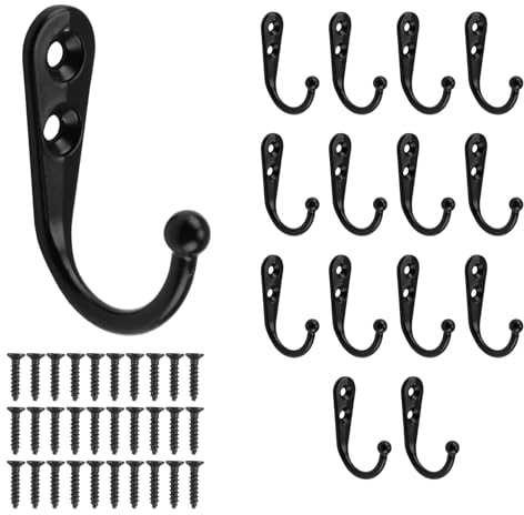 15 PCS Coat Hooks,Black Single Prong Metal Hooks Wall Mounted Clothes Hooks Retro Door Robe Hook for Hanging Towel Clothes Hat Key Cup Bedroom Bathroom Kitchen Cupboard (with 30 Screws)