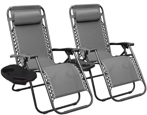 BUYEREMPIRE Zero Gravity Relaxing Chair Set of 2 Reclining & Folding Chair with Cup Holder and Headrest Outdoor Patio Outdoor Indoor Garden Beach Camping Sun Loungers (Grey)