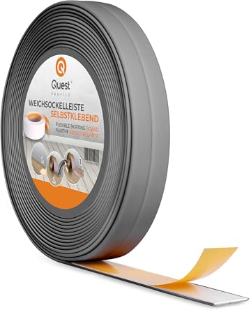 Quest Plinthe Souple Adhésive - 10 mm x 10 mm - 5 mètres - Moulure de finition pour cuisine salle de bain - Ruban d'étanchéité PVC - Flexible Etanche (Gris, 5 mètres)