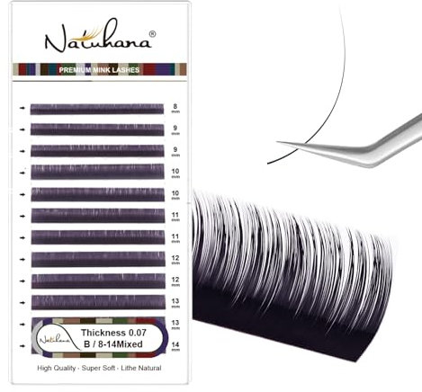 NATUHANA Couleur Extension Cils 0.07mm B Curl 8-14mm Mixte Colorés Individuel Volume Russe Naturel Faux Cils Professionnel Eyelash Extensions (Lavande Violet;0.07 B, 8-14 mm)