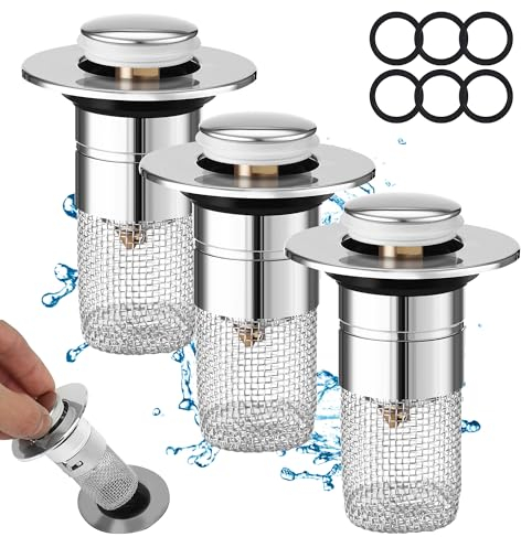 Bonde de Lavabo, Bouchon Lavabo Salle de Bain 3 pièces, Bouchon Lavabo, Bouchon Baignoire, Bonde Lavabo avec Filtre Amovible, Universel Pop Up Bonde de Lavabo, Bouchon Evier Cuisine de 34 à 40 mm