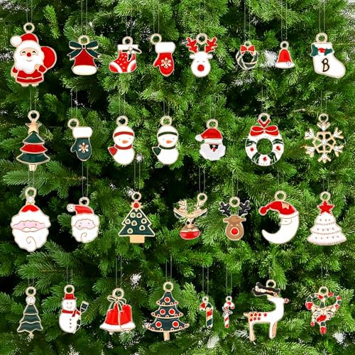 Ehuixinsheng 30pcs Christmas Tree Hanging Ornaments,Mini Xmas Metal Decorations Set with String Santa Claus Reindeer Snowman Xmas Stocking Gloves Candy Cane Jingle Bell Wreath DIY Decoration for Xmas