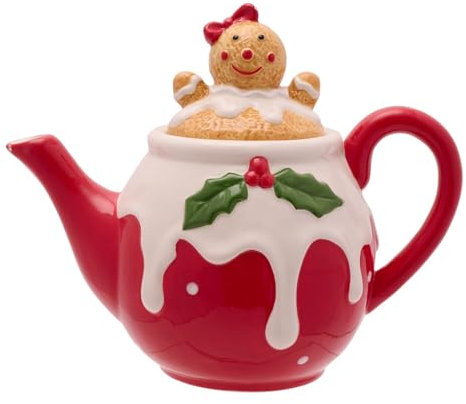 The Seasonal Gift Co - Gingerbread Lady Teapot - Ginger Bread Glazed Ceramic Tea Pot- Whimsical Christmas Home Decor & Homeware Gifting Present for Xmas, Noel, Kitchen & Dining.
