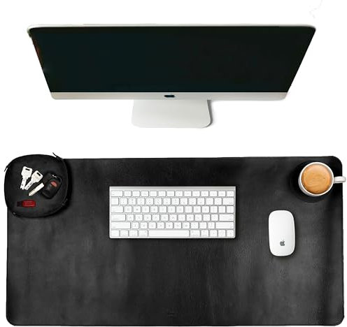 Leather Village -32X16 Real Leather Desk Mat for Desktop & Laptop, with Leather Tray & Tea Coaster, 3mm Thick Desk Cover-Protector-Blotter- Black Color