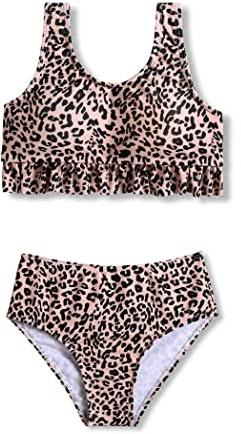 Arshiner Filles Bikini Été Léopard Maillots De Bain Volants Bustier Bikini Slip Maillot De Bain 2 Pièces Enfants Plage Tankini Ensemble Maillot De Bain Maillots De Bain 9-10 Ans