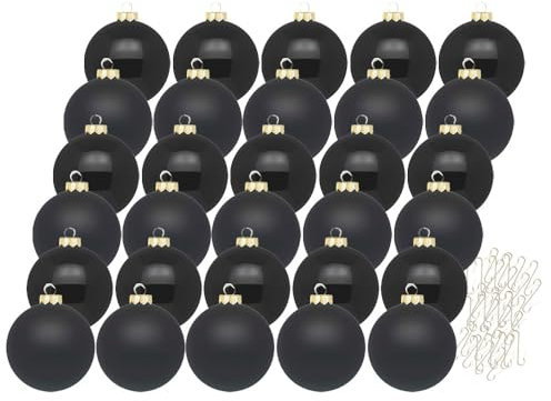 Inge Glas Weihnachtskugeln mit Haken | Schöne Christbaumkugeln aus Glas | Set 30 Kugeln und 40 Aufhänger | Christbaumschmuck Weihnachtsbaumkugeln (Ebony Black schwarz)