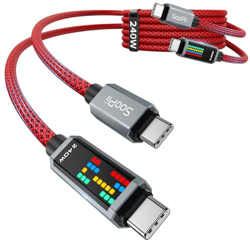 SooPii Câble de charge USB C PD 240W, charge ultra-rapide avec écran LED à 3 effets de poursuite,Câble USB C vers USB C pour iPhone 16/15, MacBook, iPad, Galaxy S25/S24, 1,2m,2pièces,Rouge