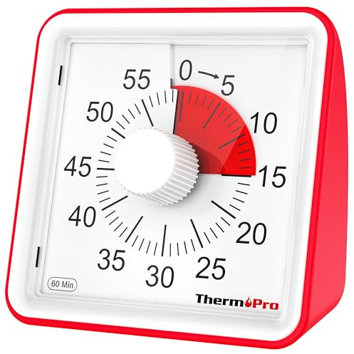 ThermoPro TM021 Minuterie Visuelle Enfant 60 Min - Compte à Rebours avec Alarme/Silencieux, Grand Écran + Zones Rouges - Gestion Temps Concentration/Apprentissage (Piles Non Incluses)