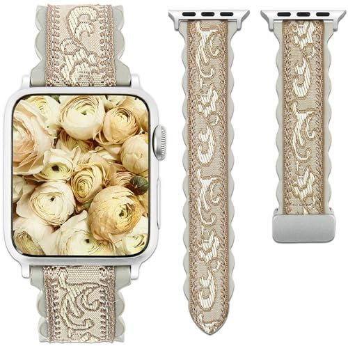 CooBES Bracelet en cuir souple compatible avec Apple Watch 42 mm (série 10) 41 mm, 40 mm, 38 mm, pour femmes, broderie florale, bracelet pour iWatch série 10 9 8 7 6 5 4 3 2 1 SE 2 / SE. (or gris)