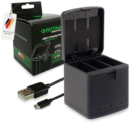 PATONA Premium Boîtier de Charge 3en1, Chargeur Compatible avec Go_Pro Hero 13, AEBAT-201 | Charge Simultanée de 3 Batteries | Indicateur de Charge & Fermeture à Clip | Compact & Léger | Câble USB-C