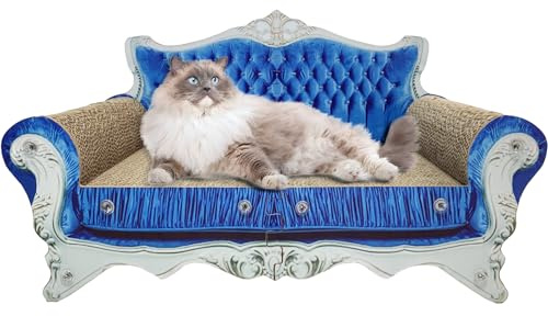 Luxury Cardboard Cat Scratcher Sofa Couch Bed, Couch Shaped Scratching Bed Board, Scratch Lounge with Catnip, Scratcher for Indoor Cat Kitty Kittens Blue