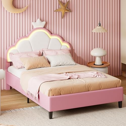 Polsterbett 140x200 cm für Kinder, Prinzessinnenkrone mit LED, Jugendbett mit höhenverstellbarem Kopfteil und Lattenrost, Ohne Matratze (Rose, 140x200cm)