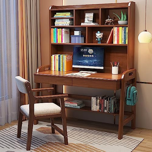 Chi Arbeitstisch aus Massivholz, höhenverstellbarer Arbeitstisch mit Erker und Aufbewahrungsbox, K*ids, Arbeitsschreibtisch für Zuhause, Schule, Nussbaum, Finish 94 x 65 x 75 cm