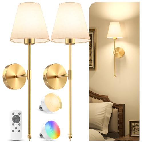 VOLISUN Battery Operated Wireless Wall Lights Set of 2, Rechargeable Wall Lights with 5200mAh Dimmable Detachable Bulbs and Remote, 12 Lighting Color Cordless Wall Sconce Lights for Bedroom (Gold)