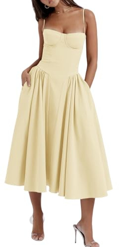 Women's Corset Dress Vintage Spaghetti Strap A-Line Midi Elegant Bustier Cocktail Party Evening Tea Dresses Pocket