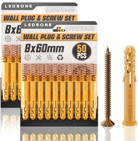 LEDSone Lot de 2 x 50 chevilles et vis 8mm x 60mm mm pour maçonnerie, brique, béton, fixations robustes pour montage TV