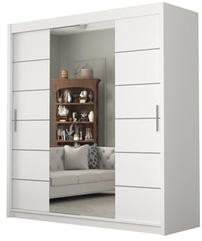 DELUXEWARE Sliding Door Wardrobes with Mirror Door, 2&3 door wardrobe with Matt Finish,Drawers,Adjustable Shelves & Hanging Rails, Furniture for Bedroom. (White, 180cm)