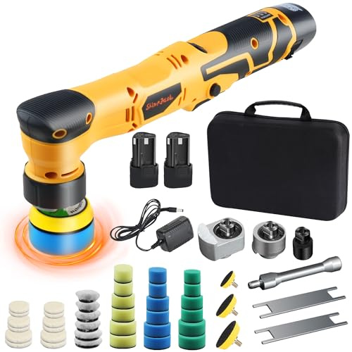 ShineJack Mini polisseuse sans fil pour voiture, 1 pouce, 3 pouces, double action et machine de polissage rotative pour détails de voiture, épiler, polir, enlever les rayures, jaune